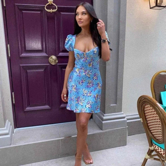 Zara Bustier Satin Effect Floral Mini Dress Puff Sleeve Sky Blue NWT Size Medium - Picture 1 of 13